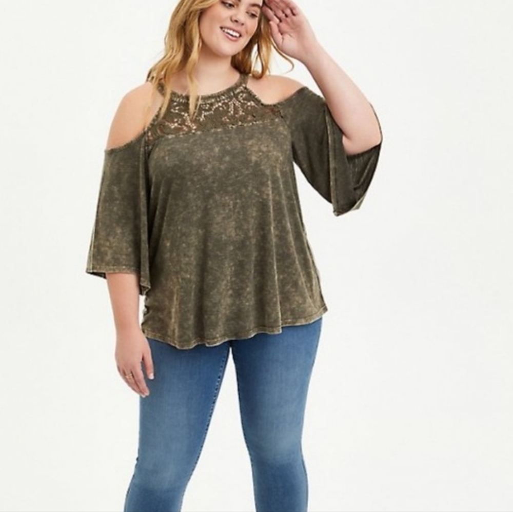 torrid Olive Cold-Shoulder Lace Yoke Top 3x